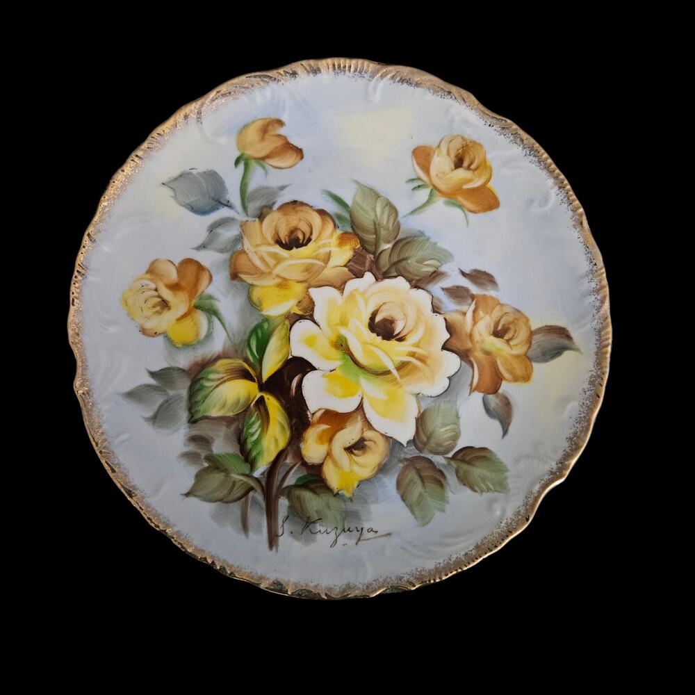 Vintage Hand Painted Floral Porcelain Plate Signed S Kurzuya Gold Trim